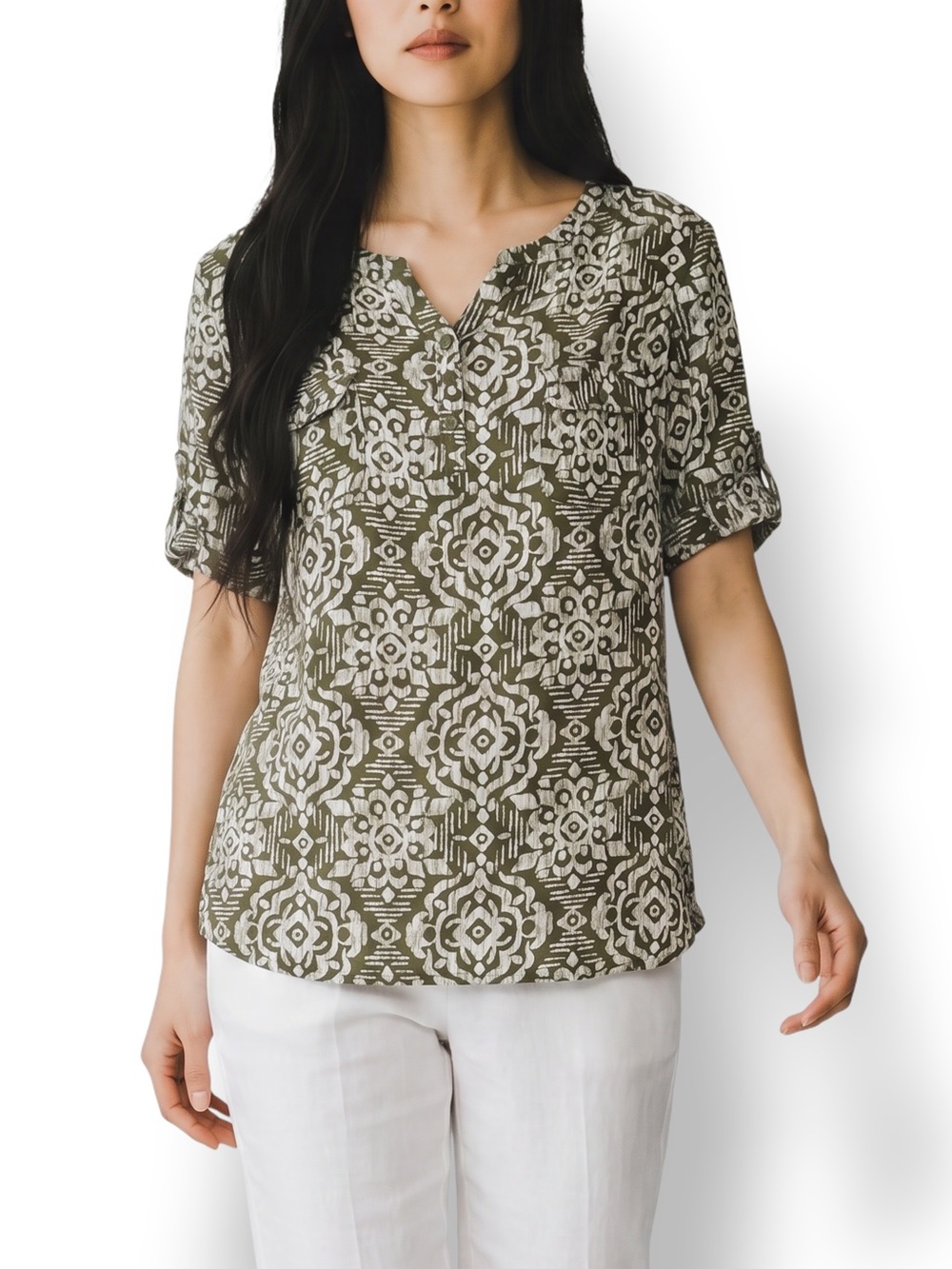4/$20 Croft & Barrow Green Abstract Print Button-Front Blouse Medium